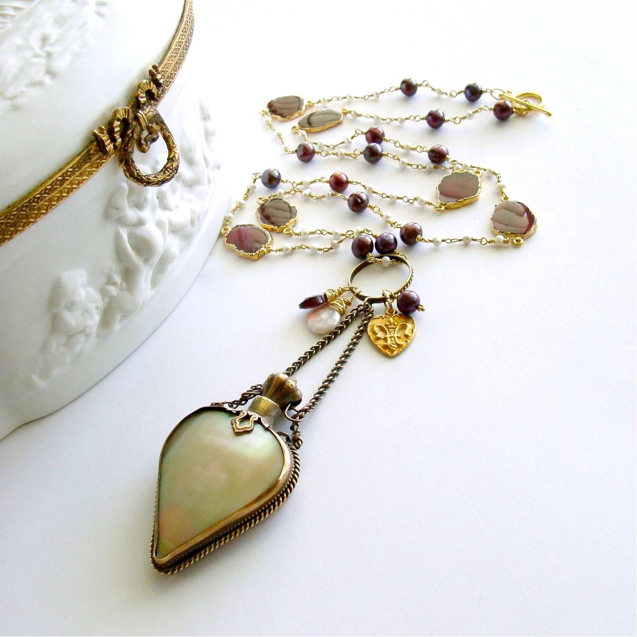 Pearl Garnet Slices Mother of Pearl Heart Chatelaine Scent Bottle Necklace