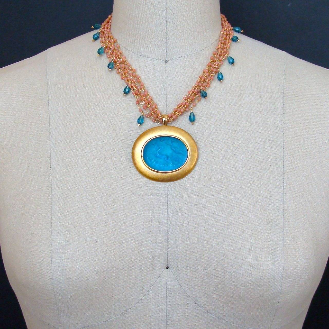 Pink Coral Venetian Glass Intaglio Torsade Ravello Necklace In New Condition In Colleyville, TX