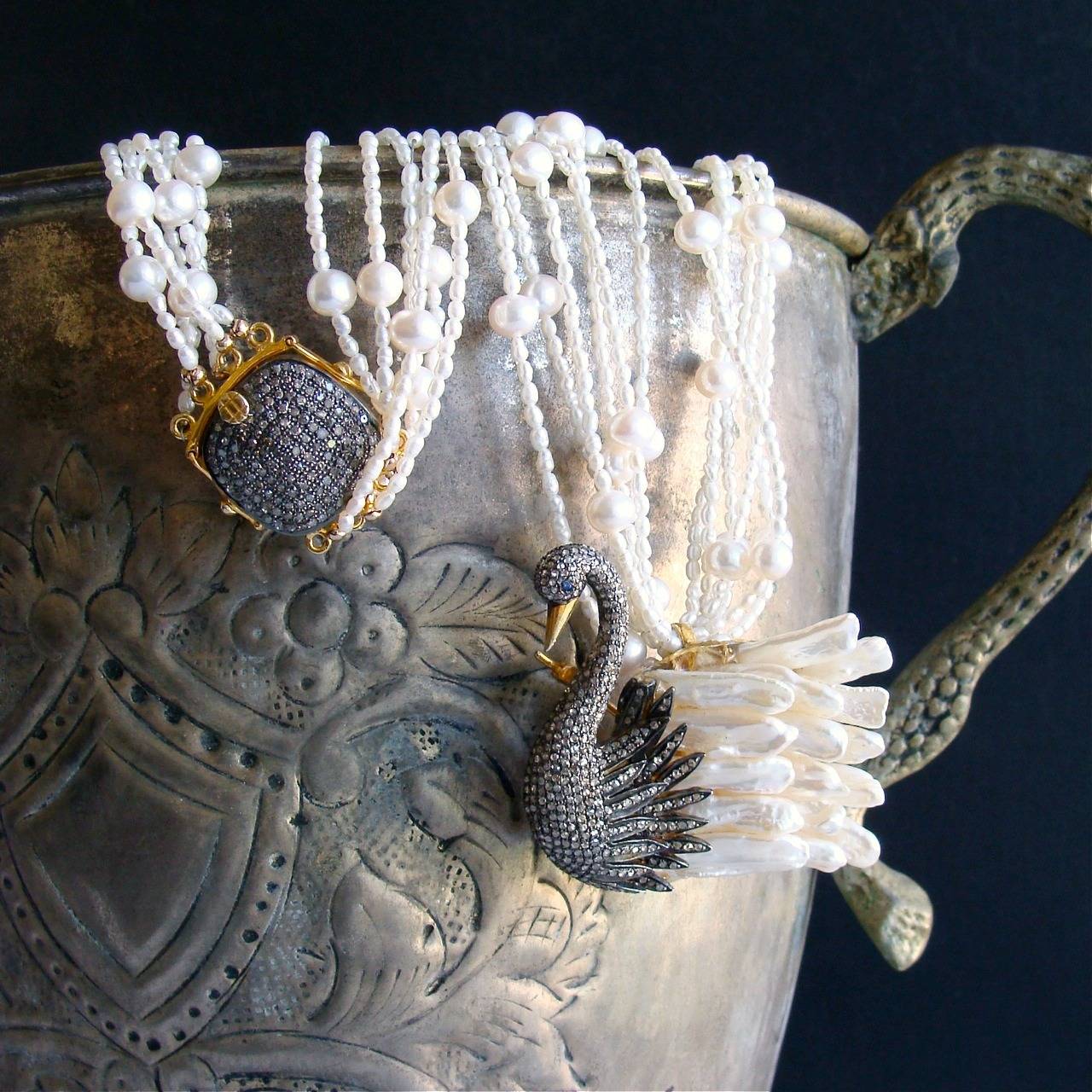 Romantic Freshwater Pearl Diamond Odette Swan Pendant Torsade Necklace For Sale
