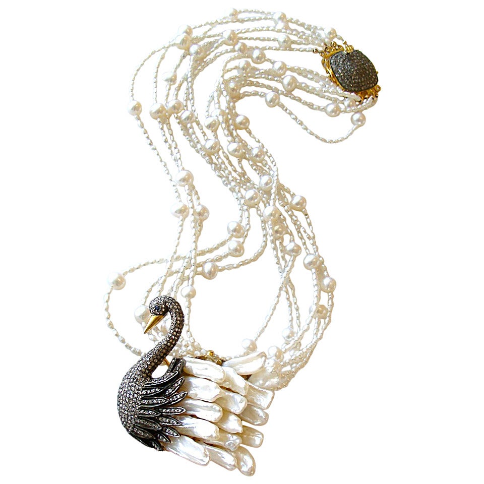 Freshwater Pearl Diamond Odette Swan Pendant Torsade Necklace