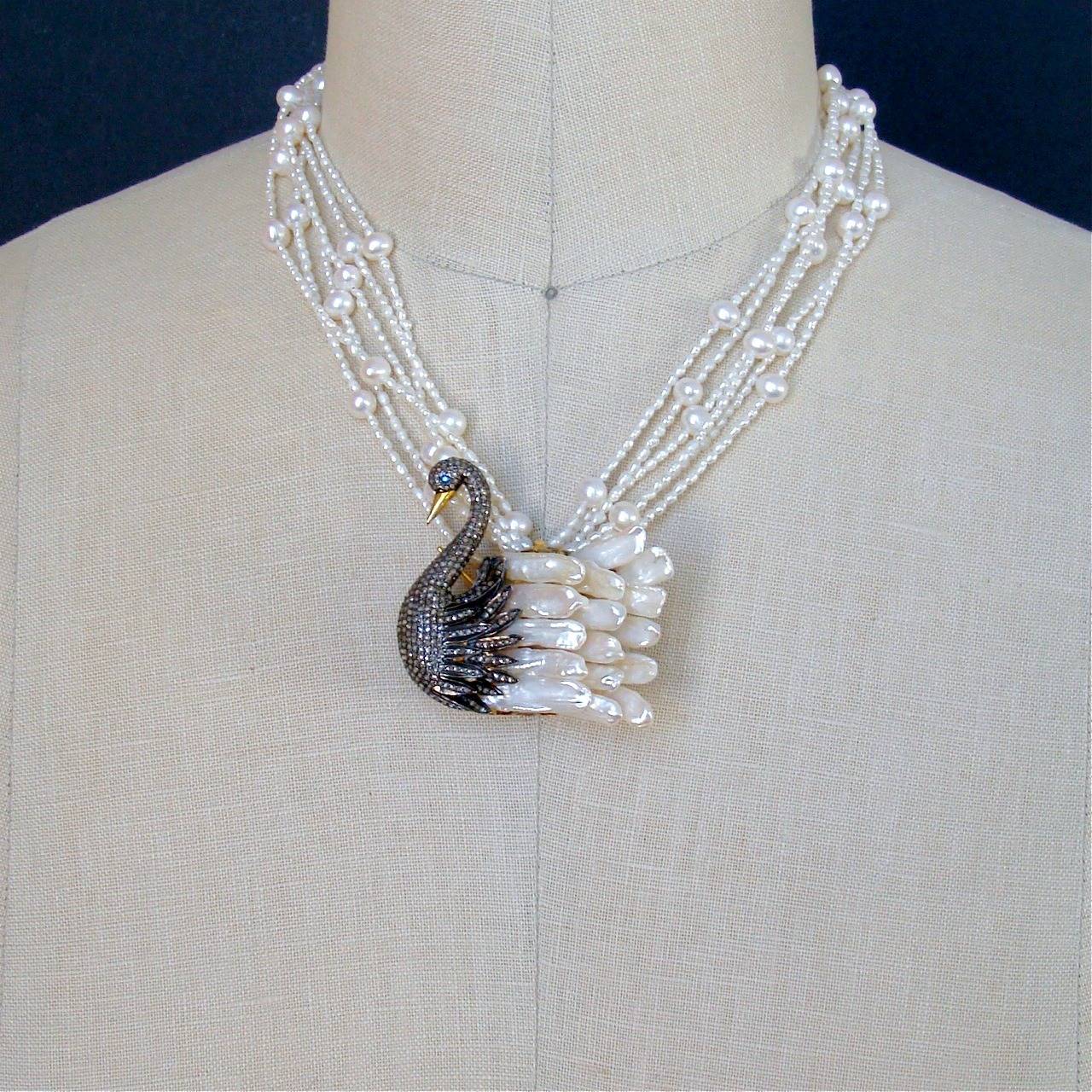 Freshwater Pearl Diamond Odette Swan Pendant Torsade Necklace In New Condition For Sale In Colleyville, TX