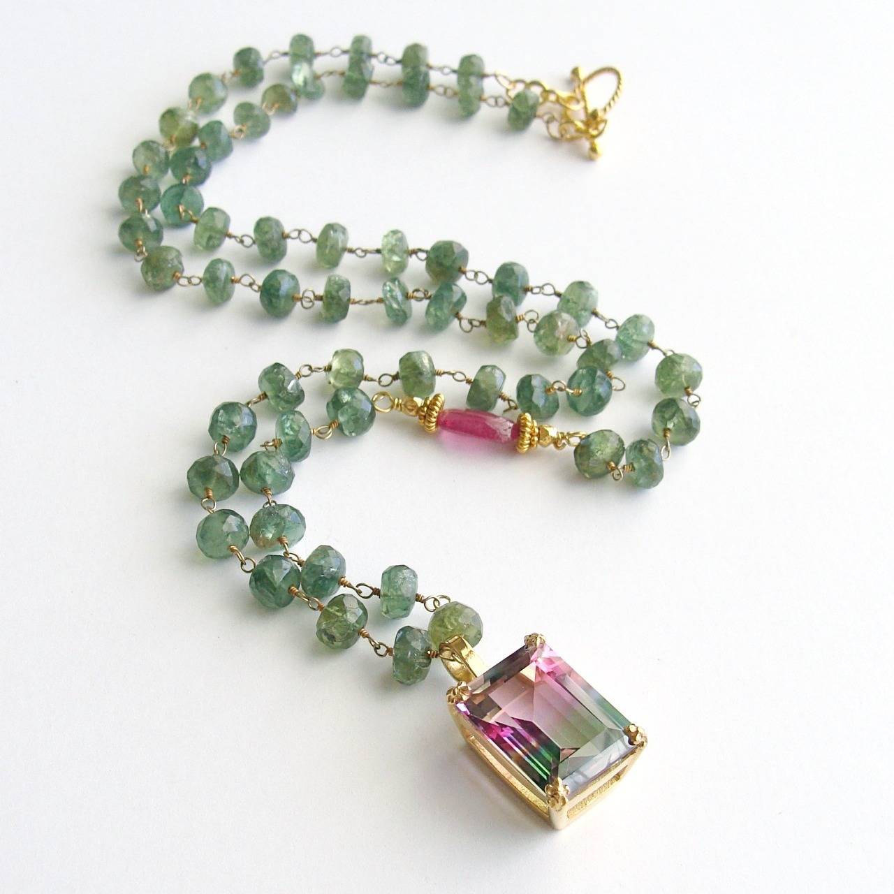 Green Apatite Pink Sapphire Bi-Color Watermelon Topaz Necklace at ...