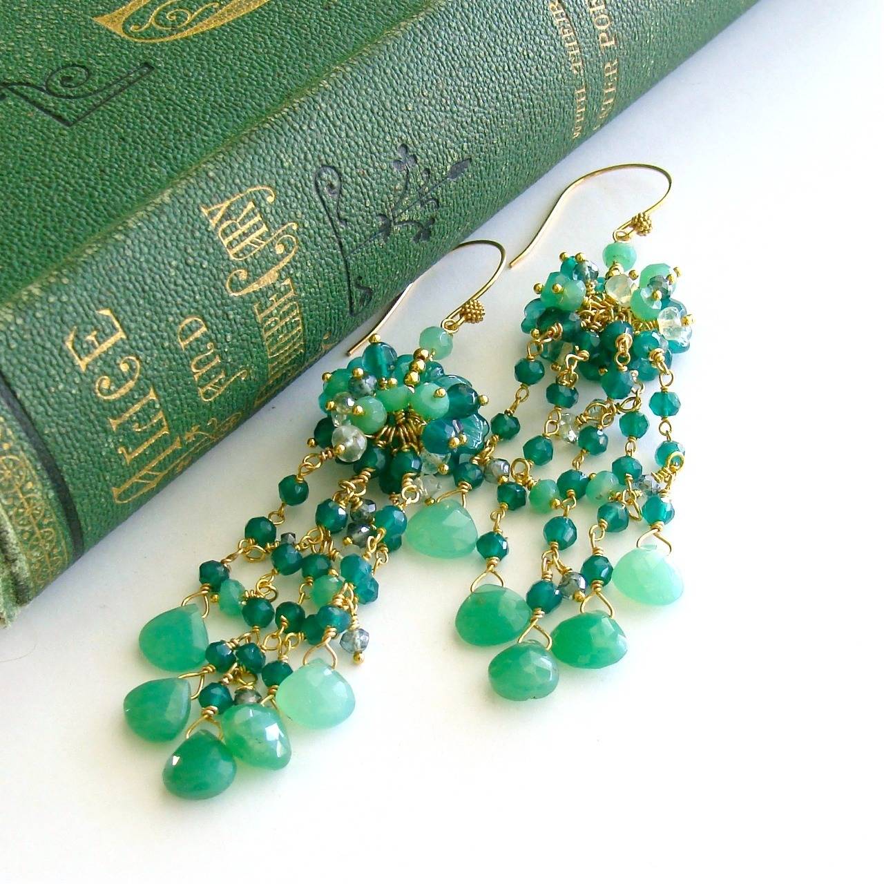 Carved Green Onyx Chrysoprase Prasiolite Chandelier Earrings In New Condition In Colleyville, TX