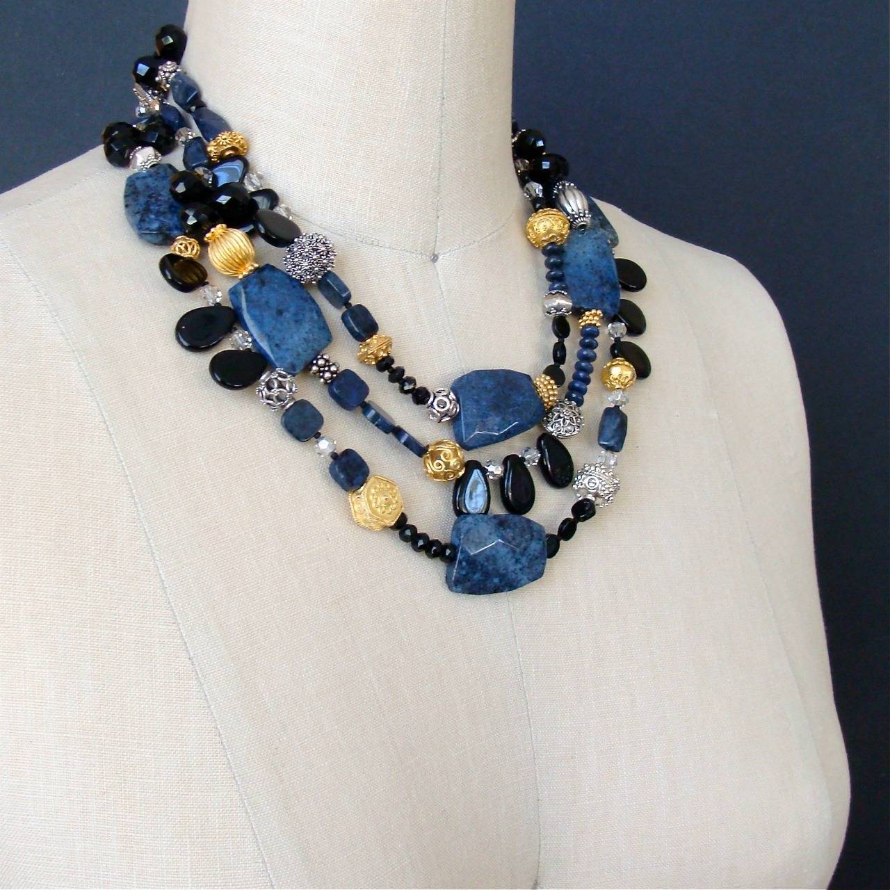 Dumortierite Onyx Triple Strand Necklace 1