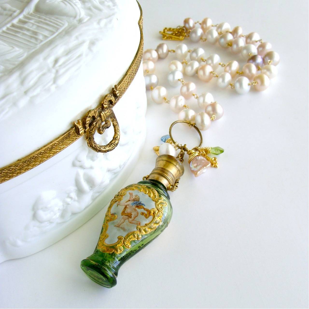 Regency Cherub Chatelaine Scent Bottle Pink Baroque Pearls Necklace