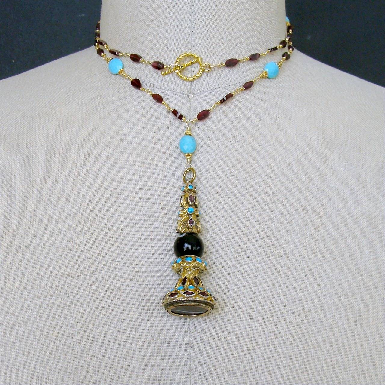 Garnet Turquoise Austro Hungarian Fob Necklace 4