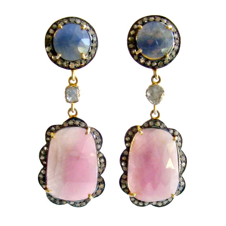 Pink Denim Blue Sapphire Slices Diamond Earrings - Ivy Earrings