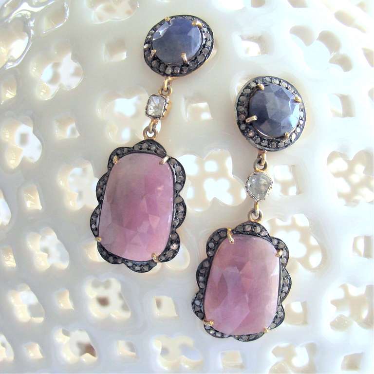 Victorian Pink Denim Blue Sapphire Slices Diamond Earrings - Ivy Earrings