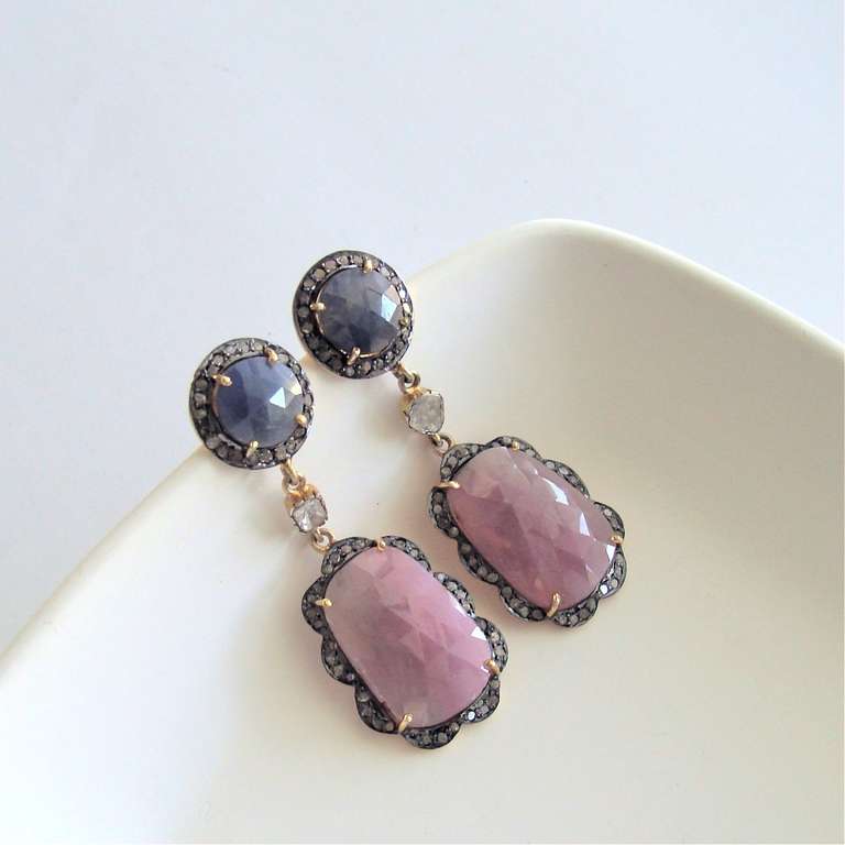 Pink Denim Blue Sapphire Slices Diamond Earrings - Ivy Earrings In New Condition In Colleyville, TX