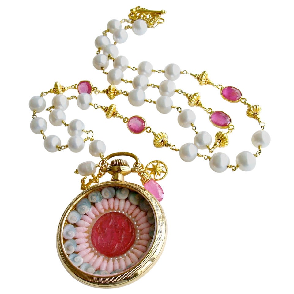 Sailor’s Valentine Pocket Watch Pink Sapphire Pearls Necklace