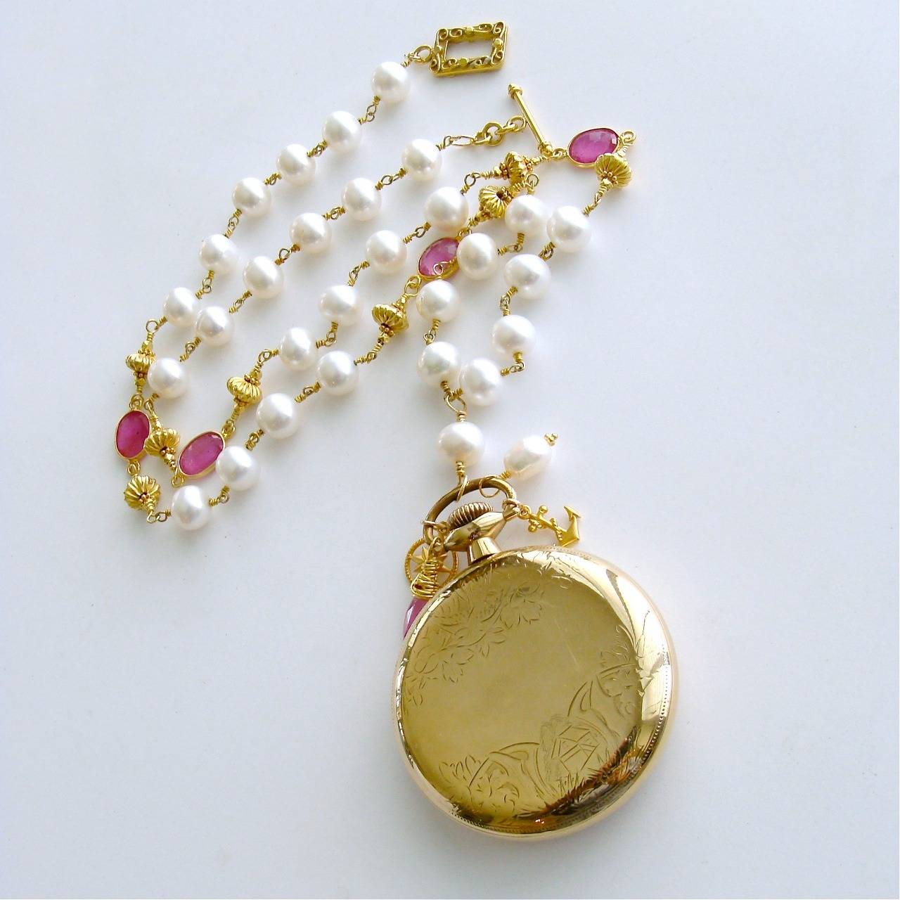 Artisan Sailor’s Valentine Pocket Watch Pink Sapphire Pearls Necklace