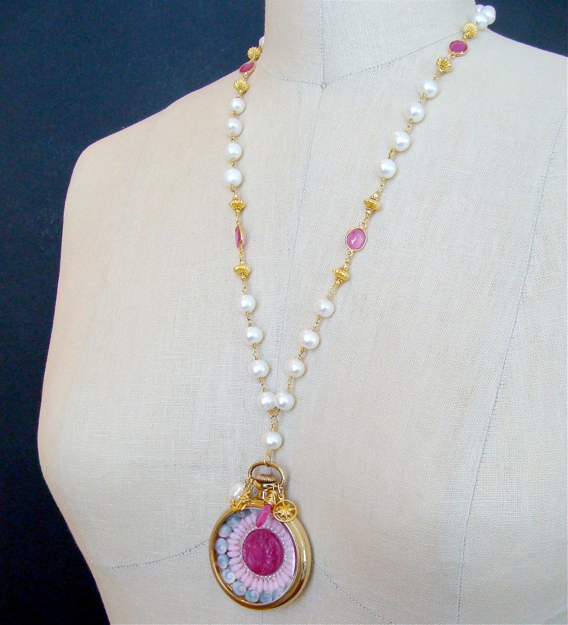 Sailor’s Valentine Pocket Watch Pink Sapphire Pearls Necklace In New Condition In Colleyville, TX