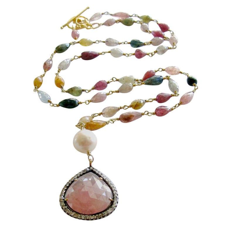 Pink Sapphire Pave Diamonds Multi Sapphire Necklace - Licia Necklace