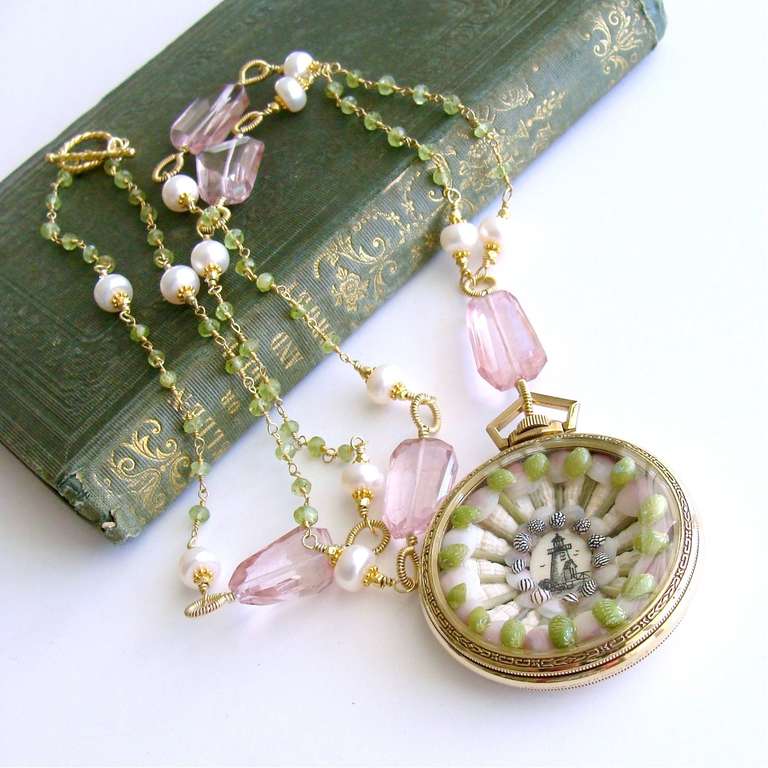 Sailor's Valentine Pink Quartz Peridot Necklace 1