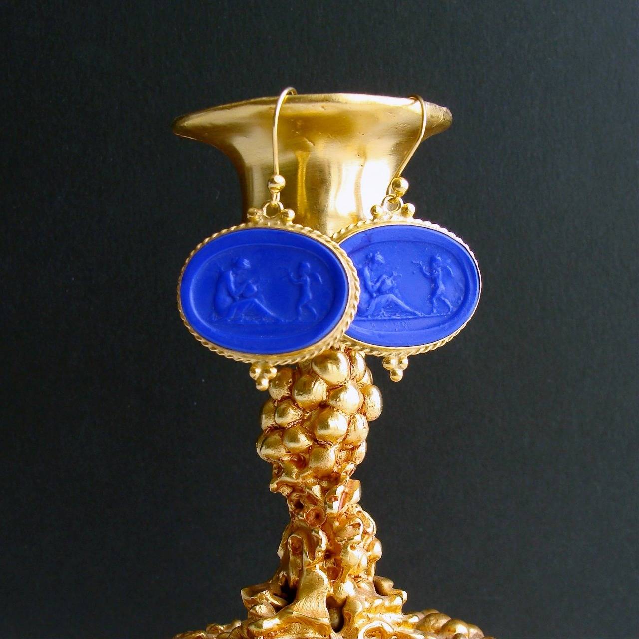 Neoclassical Cobalt Blue Venetian Glass Cherub Intaglio Earrings