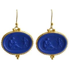 Cobalt Blue Venetian Glass Cherub Intaglio Earrings