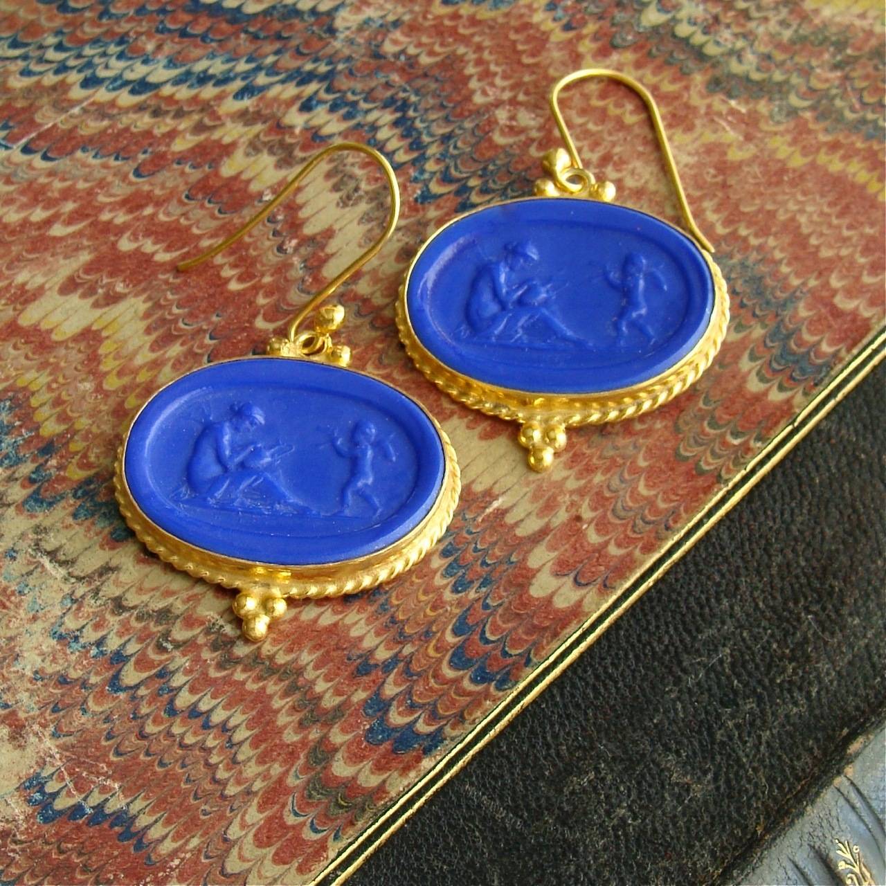 Cobalt Blue Venetian Glass Cherub Intaglio Earrings In New Condition In Colleyville, TX