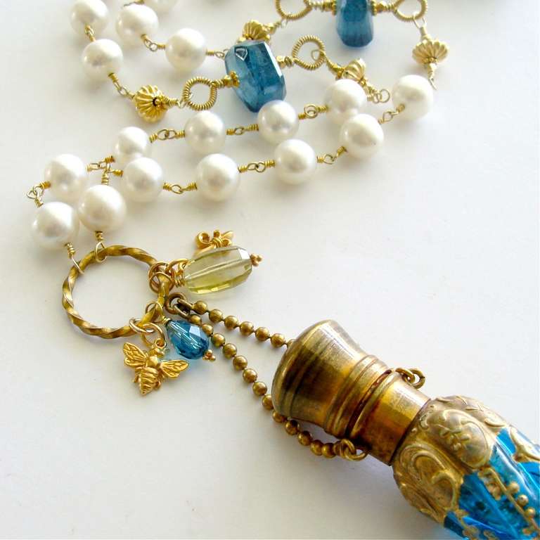 Women's Victorian Teal Art Glass Chatelaine Scent Bottle Pearls Apatite Nuggets Necklace