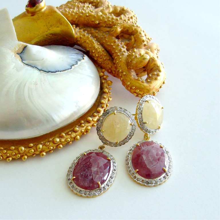 Pink Ivory Sapphire Slices Diamond Pave Earrings - Piper II Earrings 1
