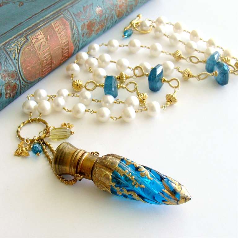 Victorian Teal Art Glass Chatelaine Scent Bottle Pearls Apatite Nuggets Necklace 1