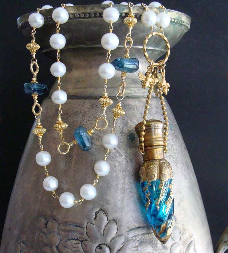 Victorian Teal Art Glass Chatelaine Scent Bottle Pearls Apatite Nuggets Necklace 2