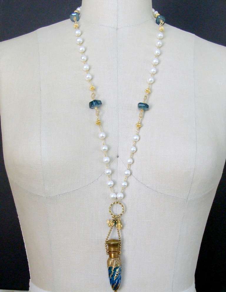 Victorian Teal Art Glass Chatelaine Scent Bottle Pearls Apatite Nuggets Necklace 3