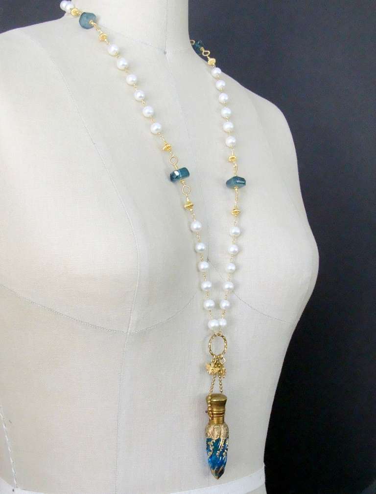 Victorian Teal Art Glass Chatelaine Scent Bottle Pearls Apatite Nuggets Necklace 4