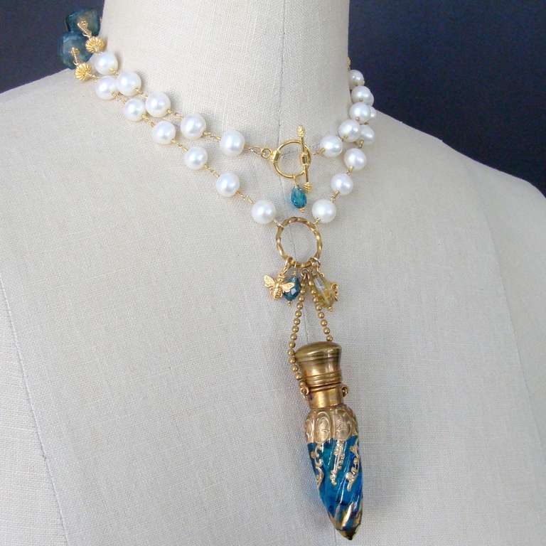 Victorian Teal Art Glass Chatelaine Scent Bottle Pearls Apatite Nuggets Necklace 5
