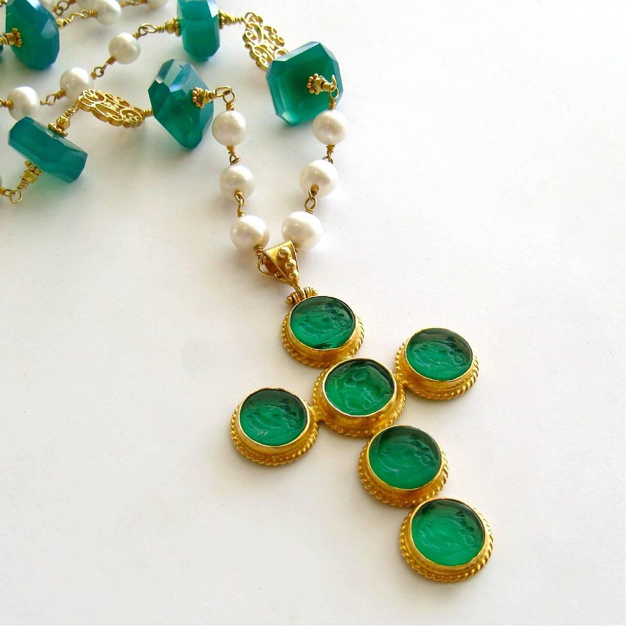 Neoclassical Green Onyx Pearls Venetian Glass Intaglio Cross Pendant Layering Necklace