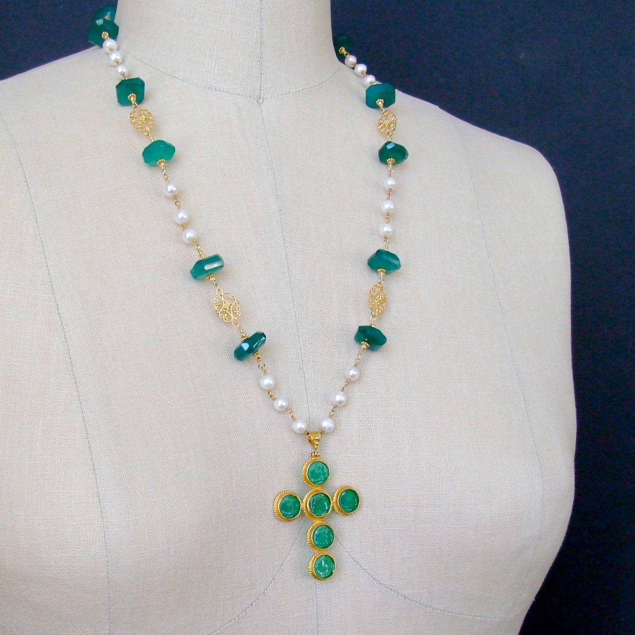 Women's Green Onyx Pearls Venetian Glass Intaglio Cross Pendant Layering Necklace