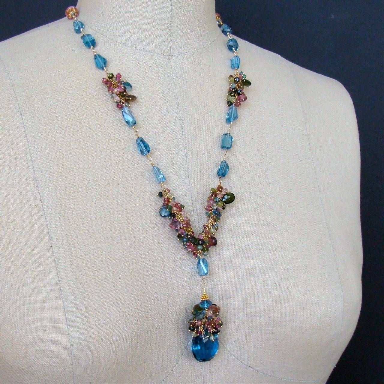 London Blue Topaz Briolette Nuggets Pink Topaz Tourmaline Tendrils Necklace In New Condition In Colleyville, TX