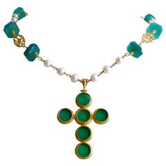 Green Onyx Pearls Venetian Glass Intaglio Cross Pendant Layering Necklace