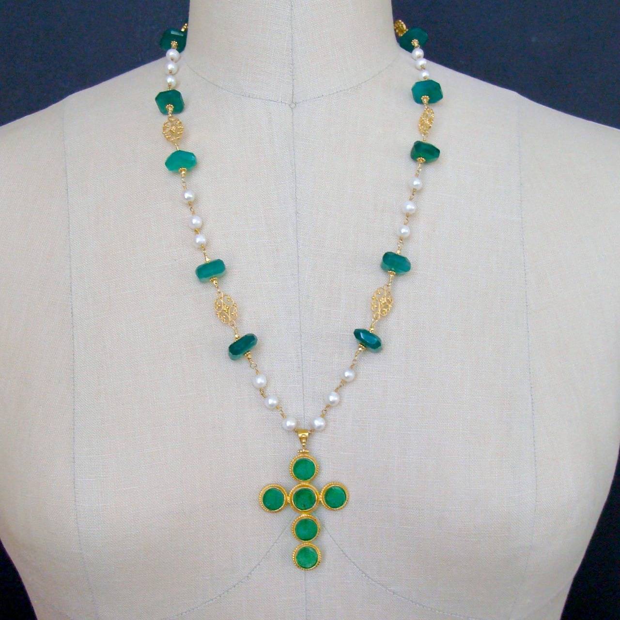 Green Onyx Pearls Venetian Glass Intaglio Cross Pendant Layering Necklace 1