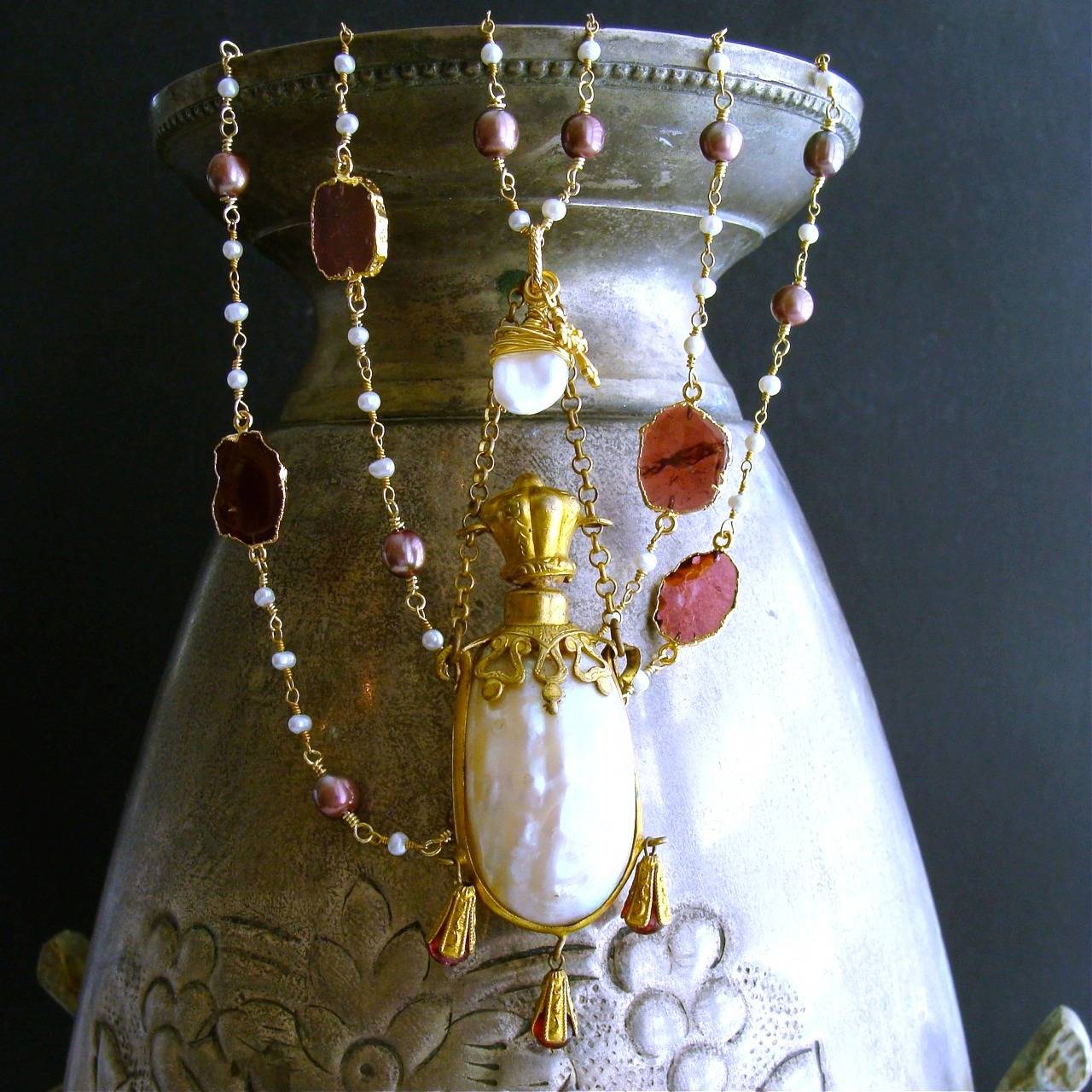 Regency Garnet Slices Pearls Chatelaine Shell Scent Bottle Necklace
