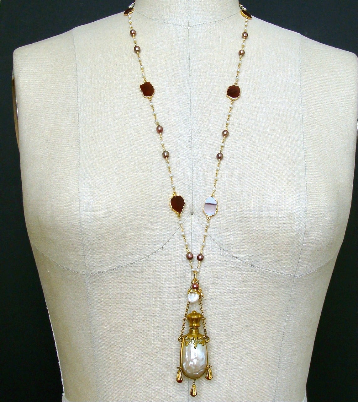 Women's Garnet Slices Pearls Chatelaine Shell Scent Bottle Necklace