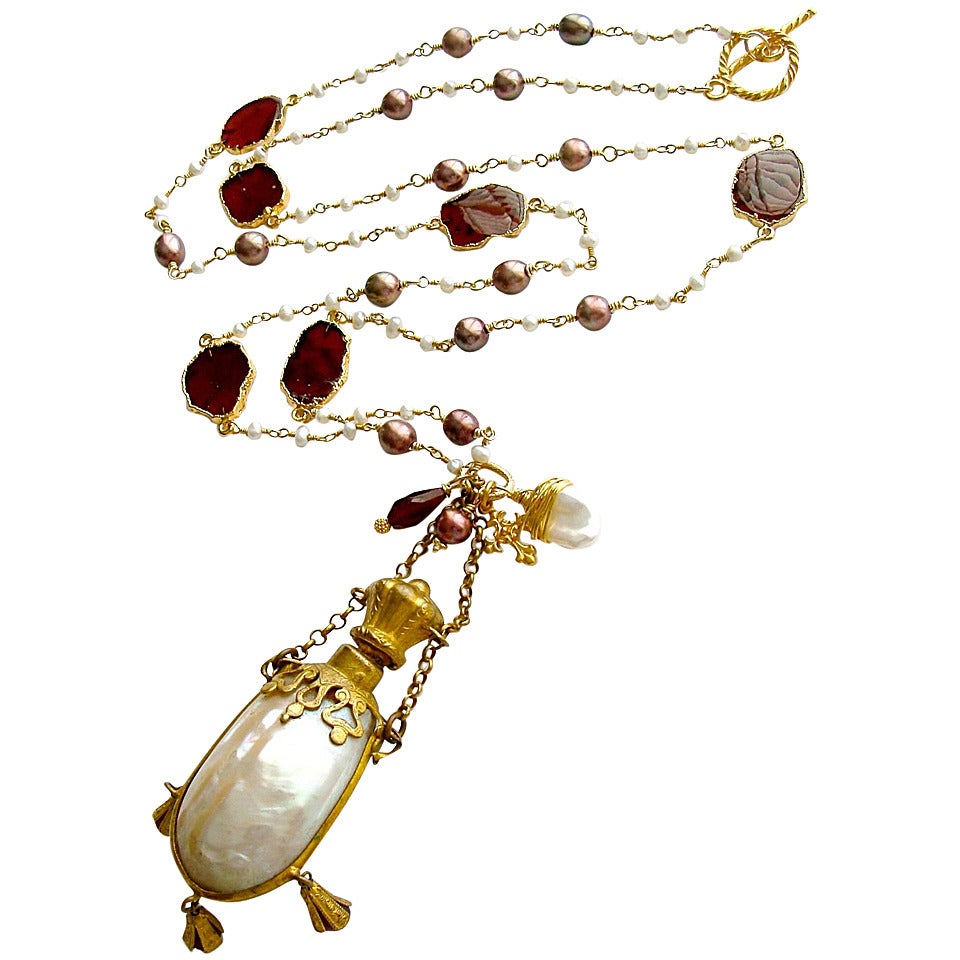 Garnet Slices Pearls Chatelaine Shell Scent Bottle Necklace