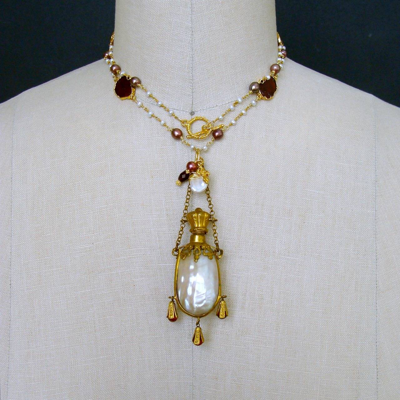 Garnet Slices Pearls Chatelaine Shell Scent Bottle Necklace 1