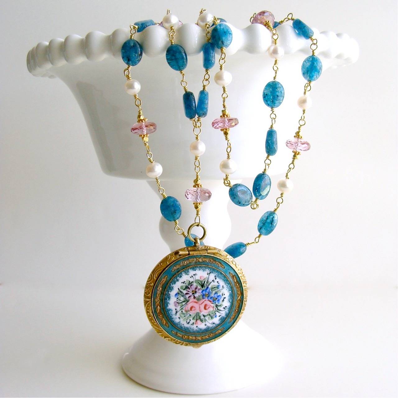 Rosaline Necklace.

A gorgeous locket with a Sèvres style floral enamel painting serves as the design inspiration for this necklace.  It was presented to me as a Art Nouveau compact - and indeed the reverse side is a beautiful Victorian Art