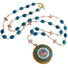 Antique Apatite Pink Topaz Pearls Art Nouveau Enamel Locket Necklace