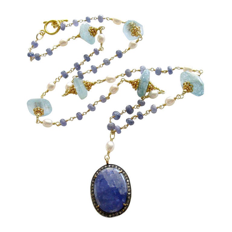 Tanzanite Pave Diamond Aquamarine Nuggets Layering Necklace- Cerelia Necklace