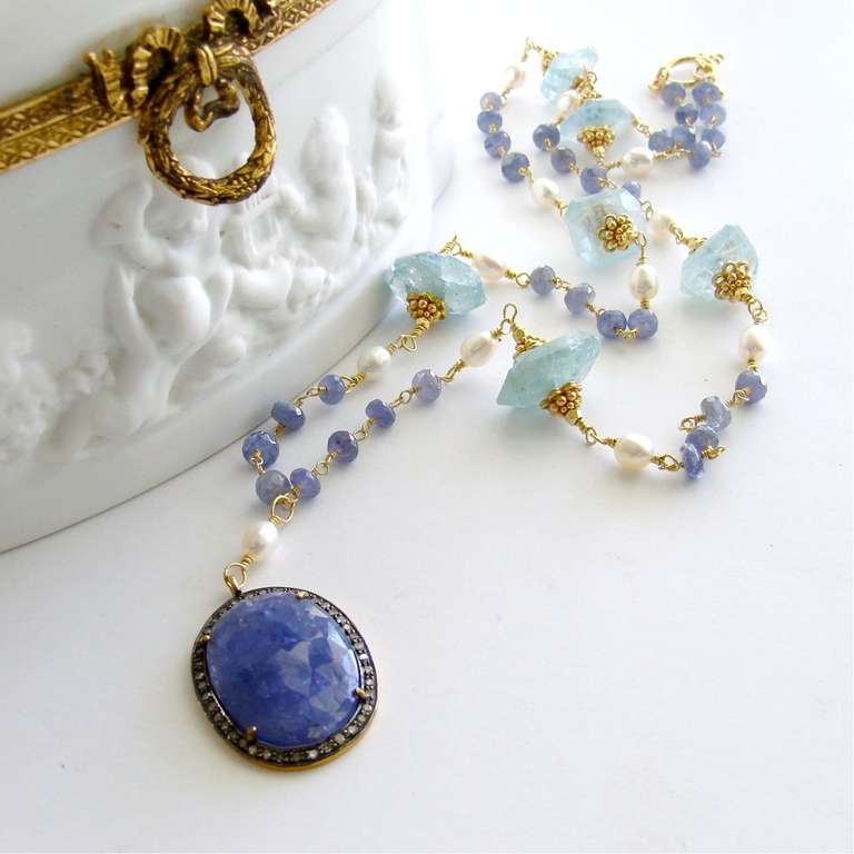 Artisan Tanzanite Pave Diamond Aquamarine Nuggets Layering Necklace- Cerelia Necklace