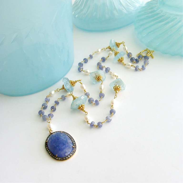Women's Tanzanite Pave Diamond Aquamarine Nuggets Layering Necklace- Cerelia Necklace