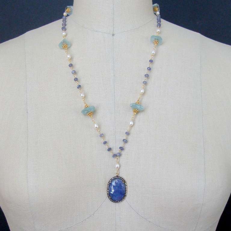 Tanzanite Pave Diamond Aquamarine Nuggets Layering Necklace- Cerelia Necklace 1