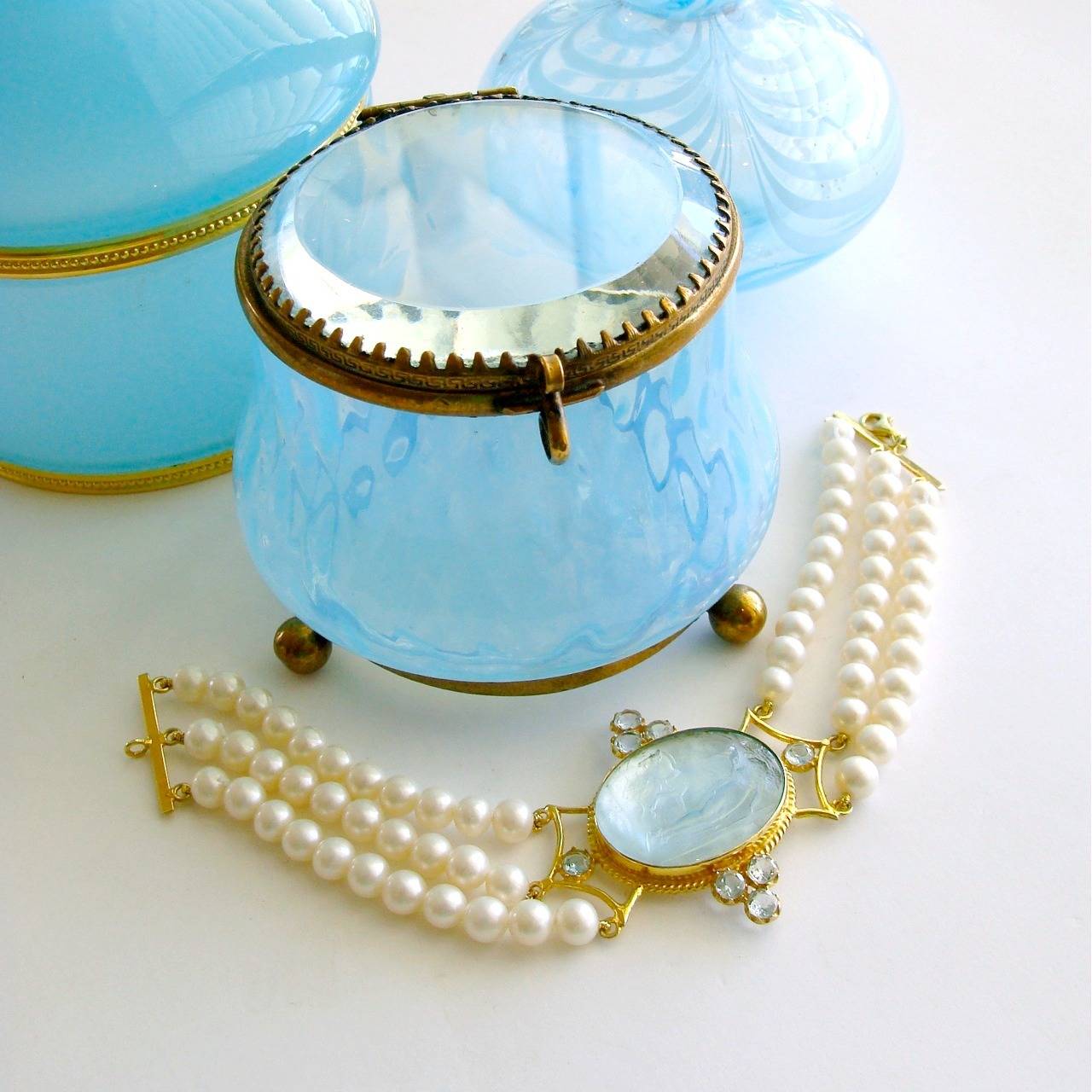 Neoclassical Venetian Glass Intaglio Sleeping Maiden and Horse Pearl Blue Topaz Bracelet