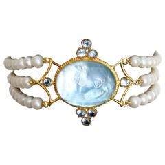 Venetian Glass Intaglio Sleeping Maiden and Horse Pearl Blue Topaz Bracelet