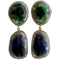 Green Blue Sapphire Slices Diamond Pave Earrings - Emerson II Earrings