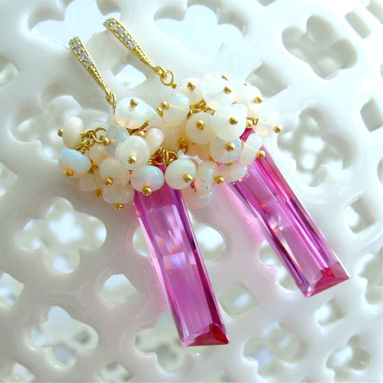 Hot Pink Topaz Baguette Briolettes Ethiopian Opal Cluster Earrings 1