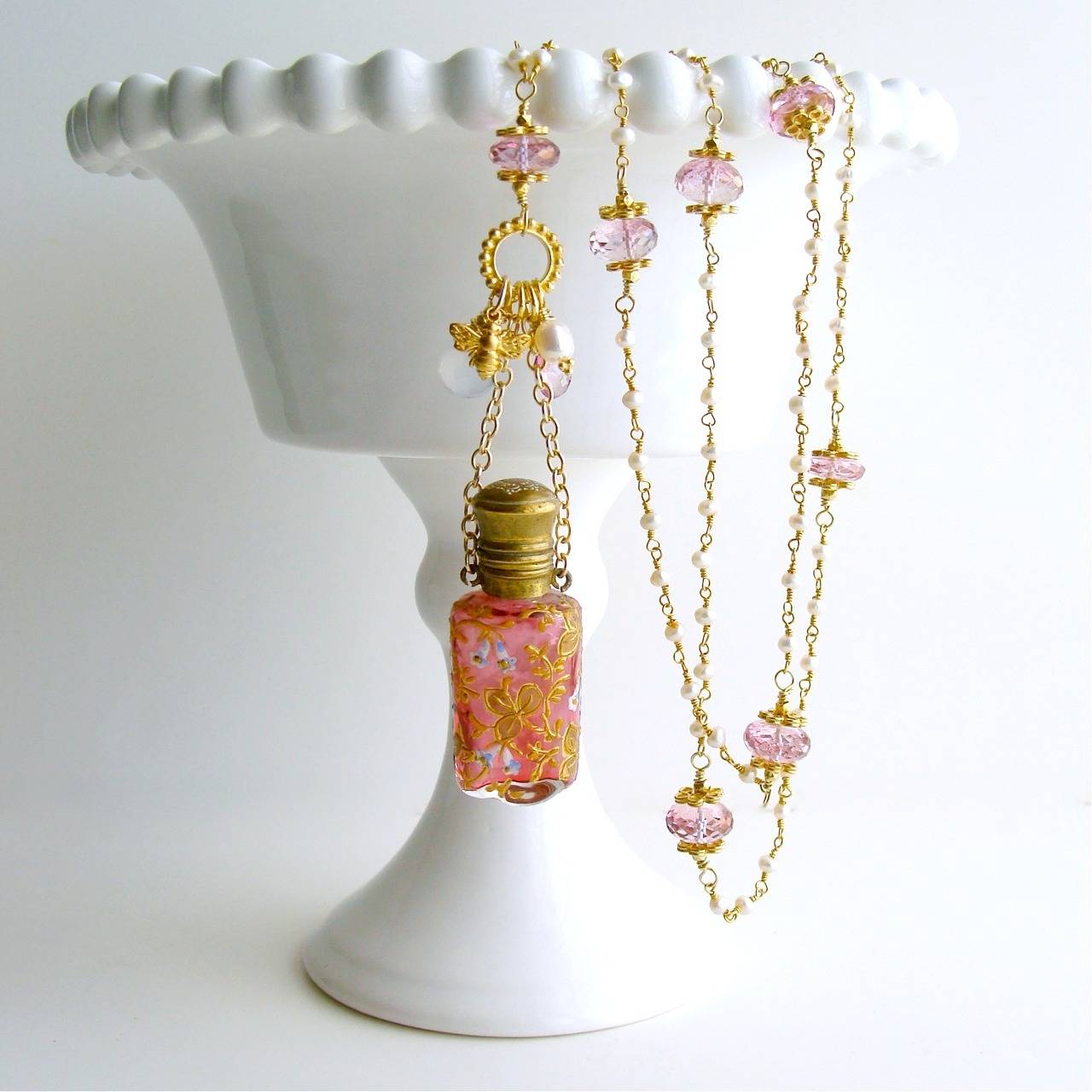 Victorian Cranberry Glass Chatelaine Scent Bottle Pearls Pink Topaz Necklace