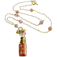 Victorian Cranberry Glass Chatelaine Scent Bottle Pearls Pink Topaz Necklace