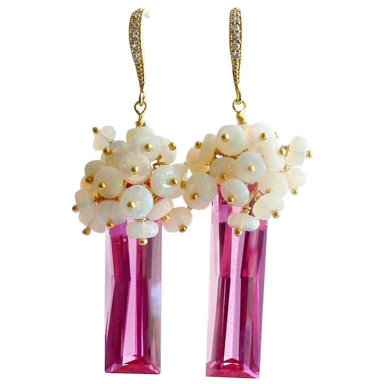 Hot Pink Topaz Baguette Briolettes Ethiopian Opal Cluster Earrings